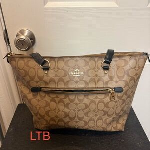 Authentic Coach Signature Tote Brown Canvas Shoulder Bag With Gold Hardware